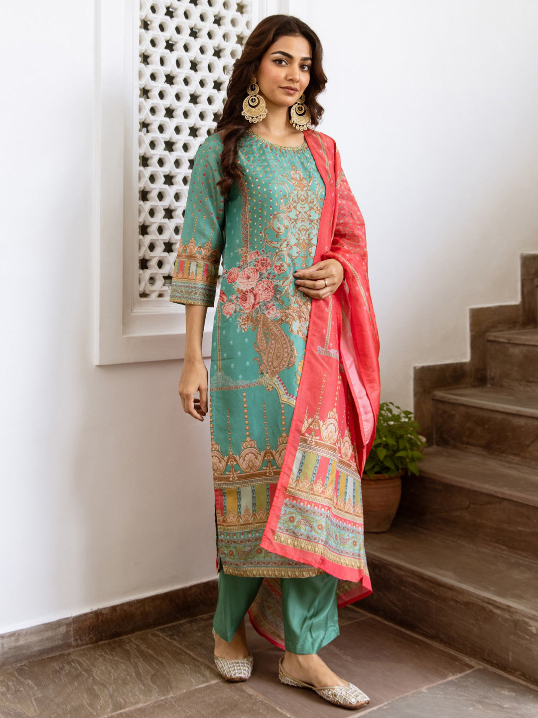 Indo Era Green Printed Straight Kurta Trousers With Dupatta Set