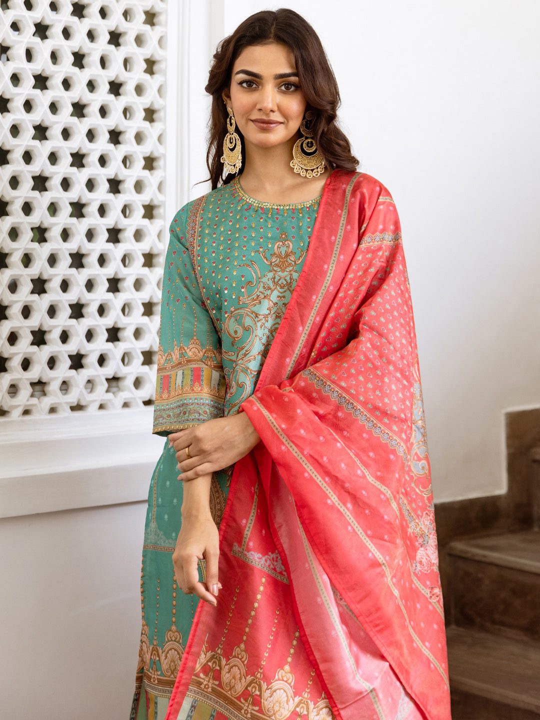 Indo Era Green Printed Straight Kurta Trousers With Dupatta Set