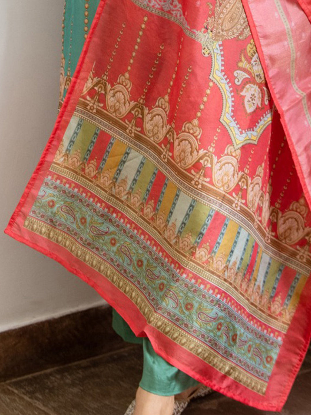 Indo Era Green Printed Straight Kurta Trousers With Dupatta Set