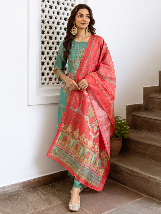 Indo Era Green Printed Straight Kurta Trousers With Dupatta Set