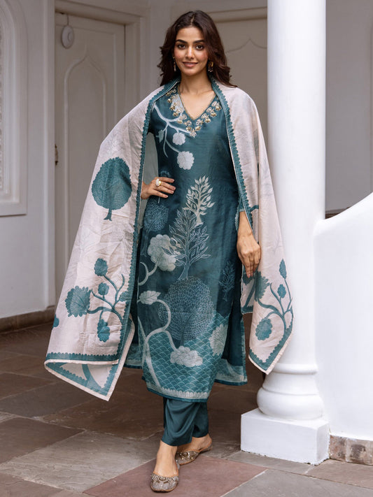 Indo Era Black Printed Straight Kurta Trousers With Dupatta Set
