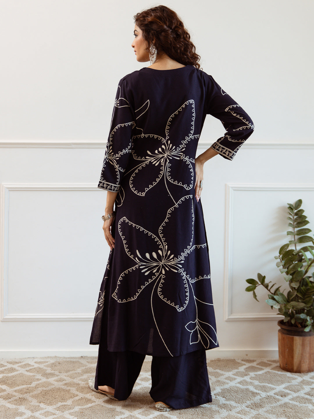 Indo Era Blue Printed Straight Kurta Trousers  Set