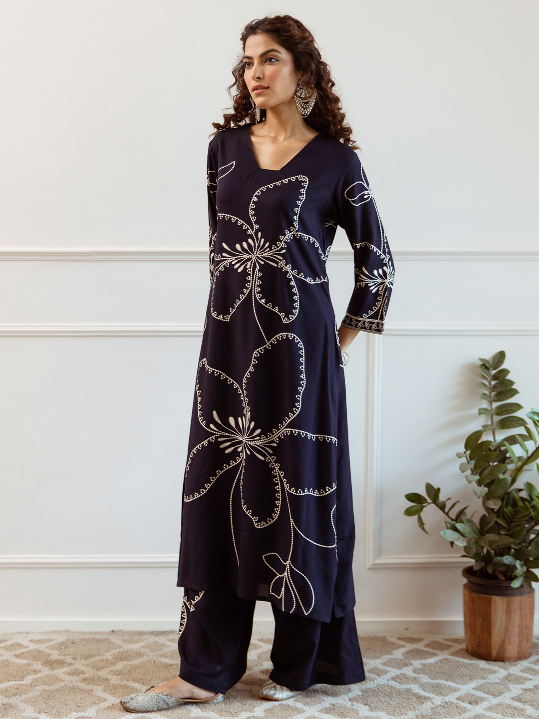 Indo Era Blue Printed Straight Kurta Trousers  Set