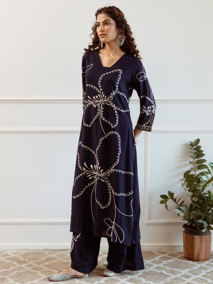 Indo Era Blue Printed Straight Kurta Trousers  Set
