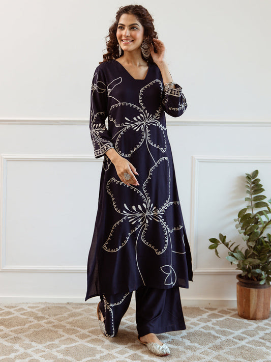 Indo Era Blue Printed Straight Kurta Trousers  Set