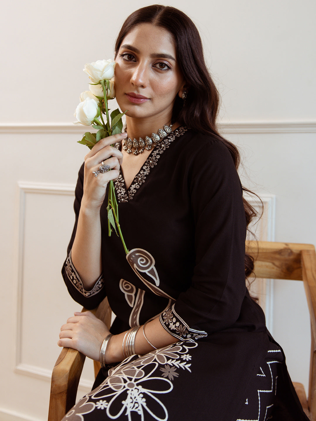 Indo Era Black Embroidered Straight Kurta Trousers  Set