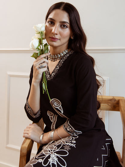 Indo Era Black Embroidered Straight Kurta Trousers  Set