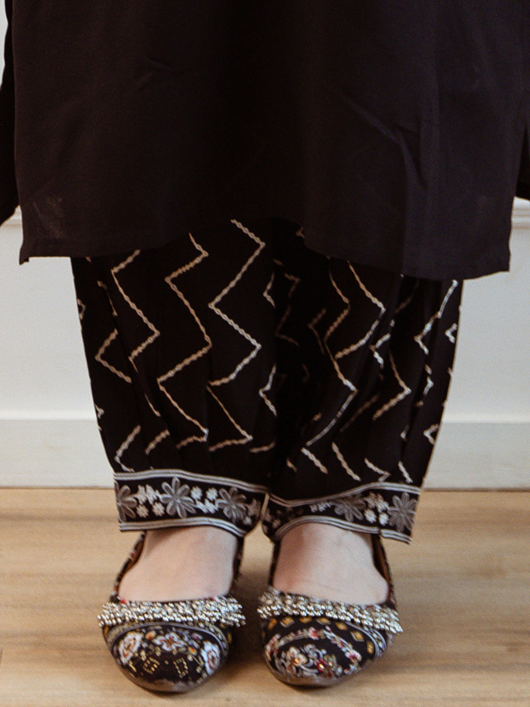 Indo Era Black Embroidered Straight Kurta Trousers  Set