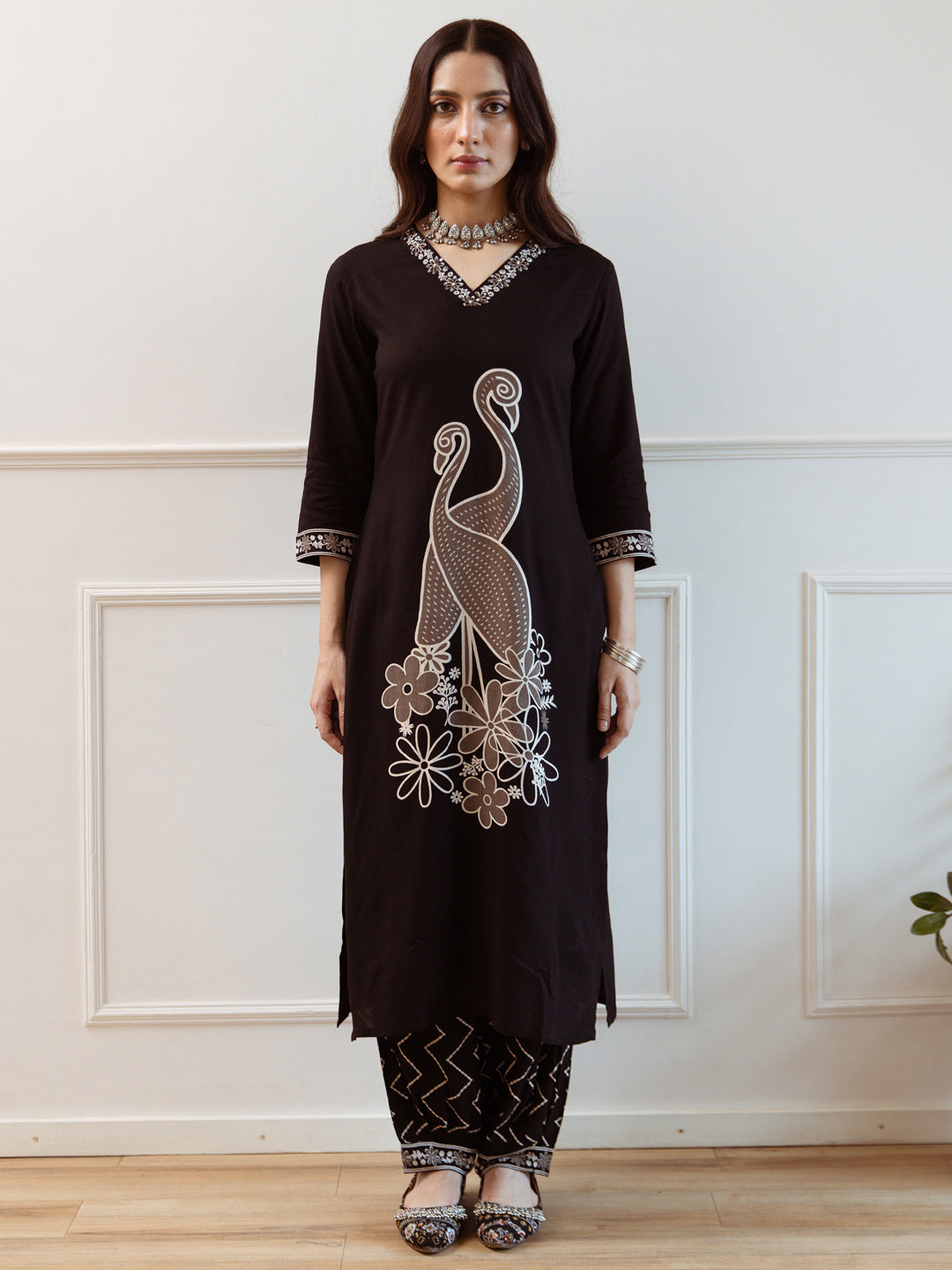 Indo Era Black Embroidered Straight Kurta Trousers  Set