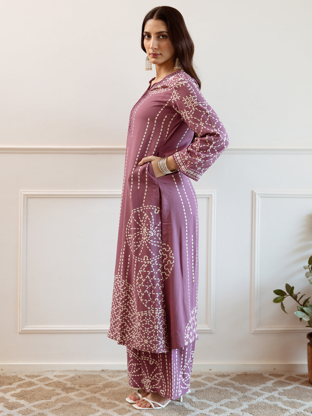 Mauve Printed Straight Kurta Trousers  Set