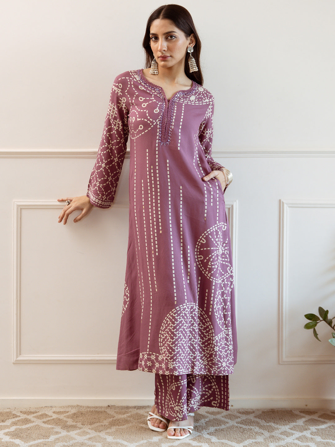 Mauve Printed Straight Kurta Trousers  Set