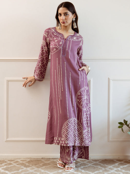Mauve Printed Straight Kurta Trousers  Set