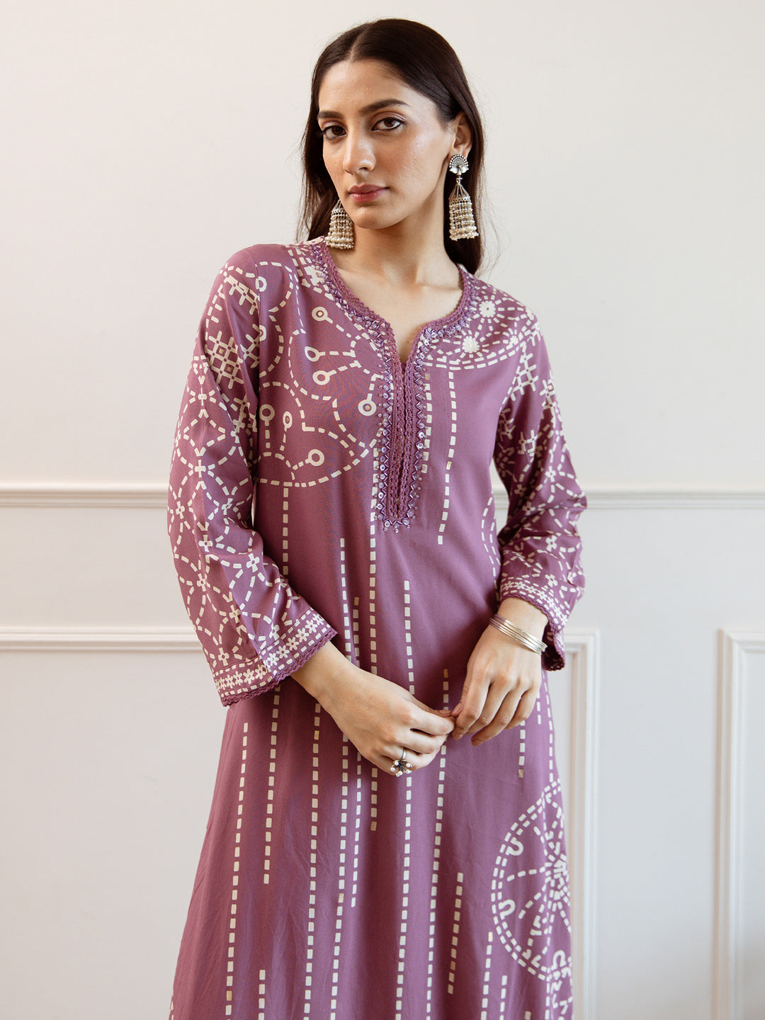 Mauve Printed Straight Kurta Trousers  Set