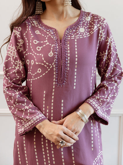 Mauve Printed Straight Kurta Trousers  Set
