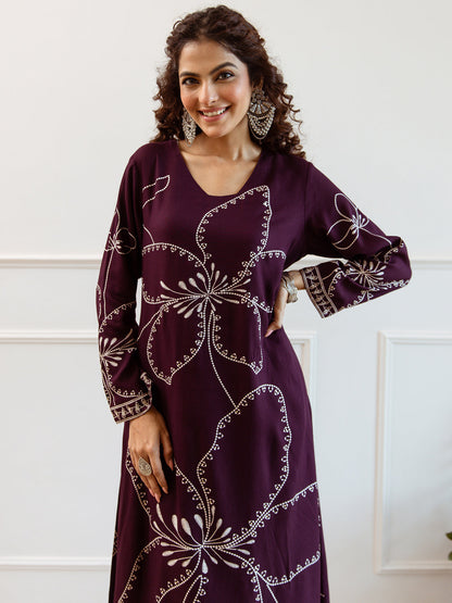 Indo Era Burgundy Printed Straight Kurta Trousers  Set