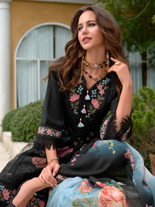 Indo Era Black Embroidered Straight Kurta Trousers With Dupatta Set