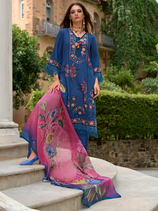 Indo Era Blue Embroidered Straight Kurta Trousers With Dupatta Set