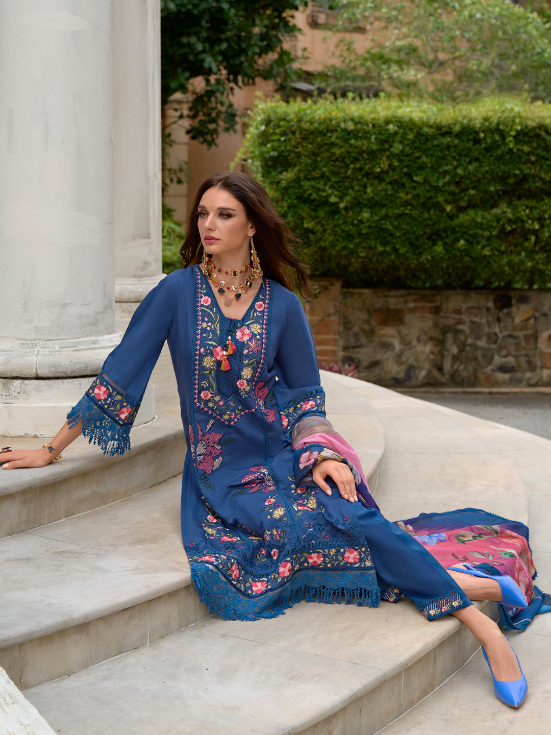 Indo Era Blue Embroidered Straight Kurta Trousers With Dupatta Set