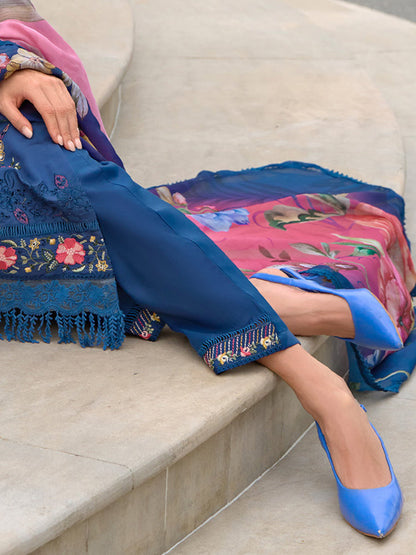Indo Era Blue Embroidered Straight Kurta Trousers With Dupatta Set