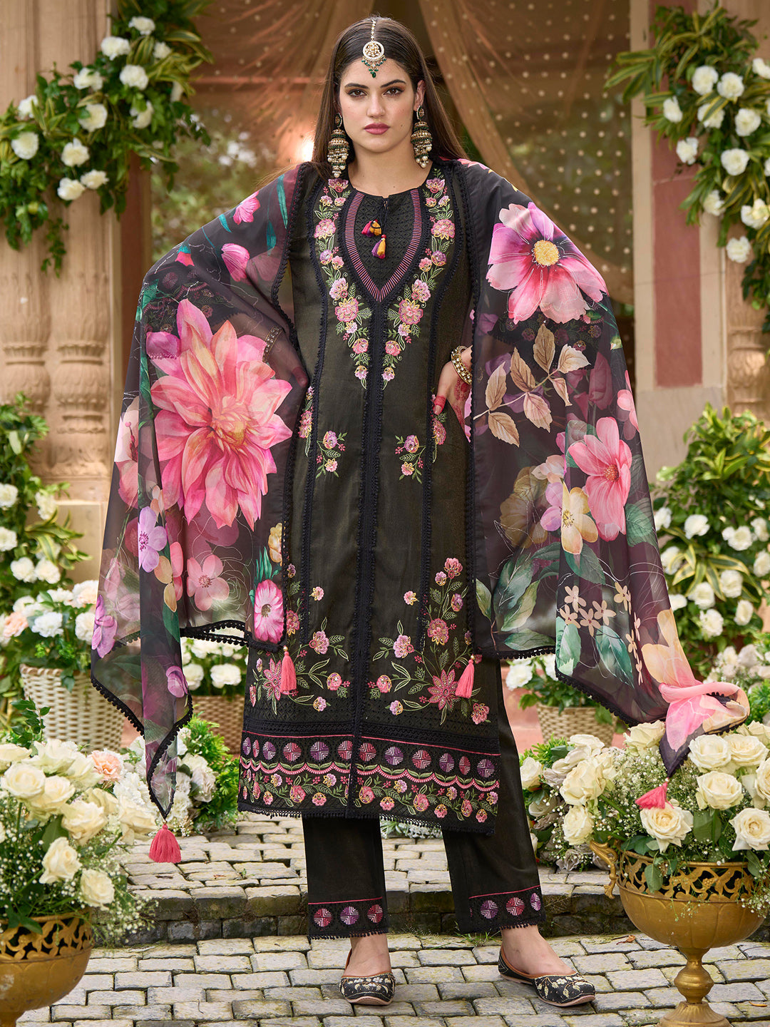 Indo Era Black Embroidered Straight Kurta Trousers With Dupatta Set