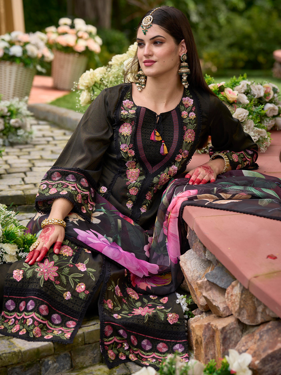 Indo Era Black Embroidered Straight Kurta Trousers With Dupatta Set