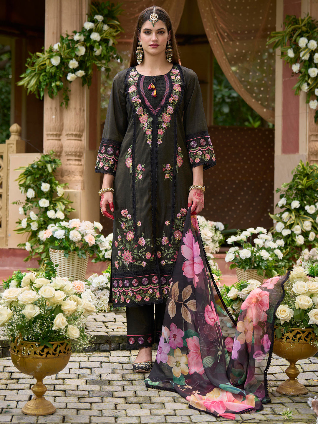 Indo Era Black Embroidered Straight Kurta Trousers With Dupatta Set