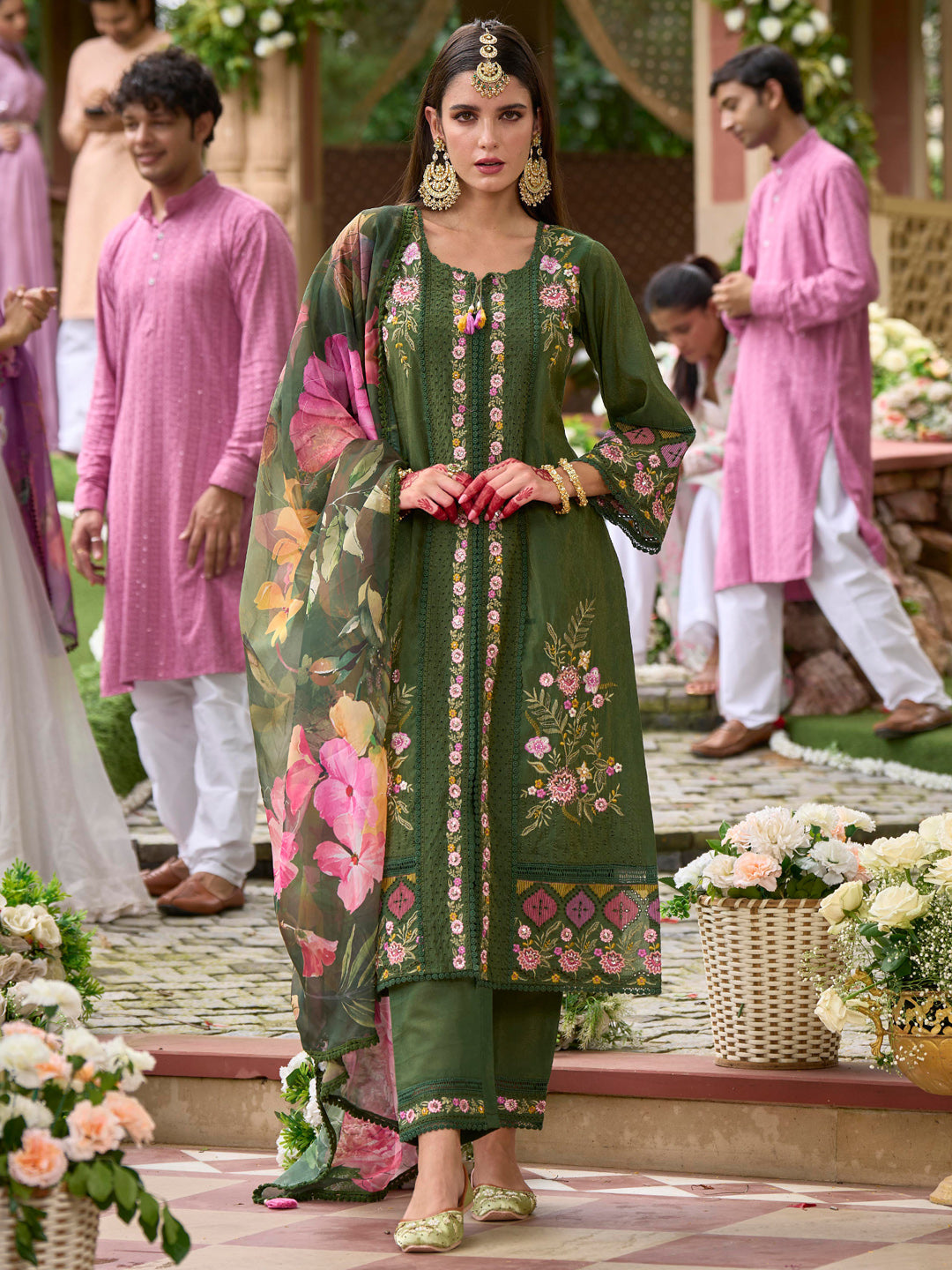 Indo Era Green Embroidered Straight Kurta Trousers With Dupatta Set