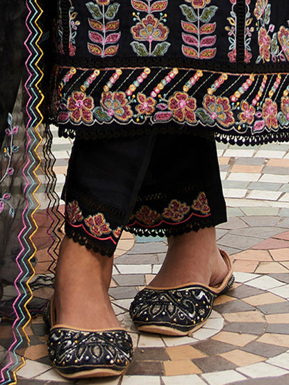 Indo Era Black Embroidered Straight Kurta Trousers With Dupatta set