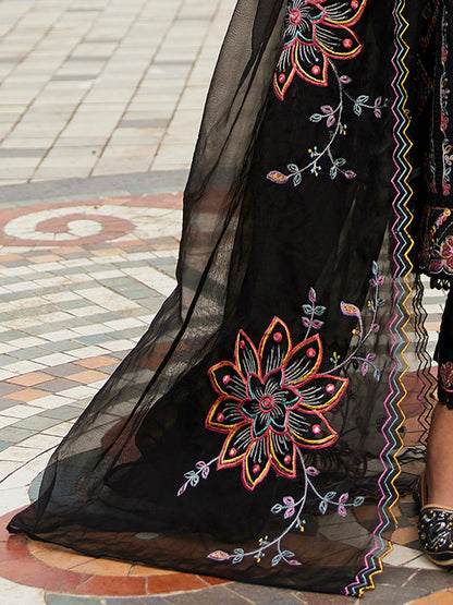 Indo Era Black Embroidered Straight Kurta Trousers With Dupatta set