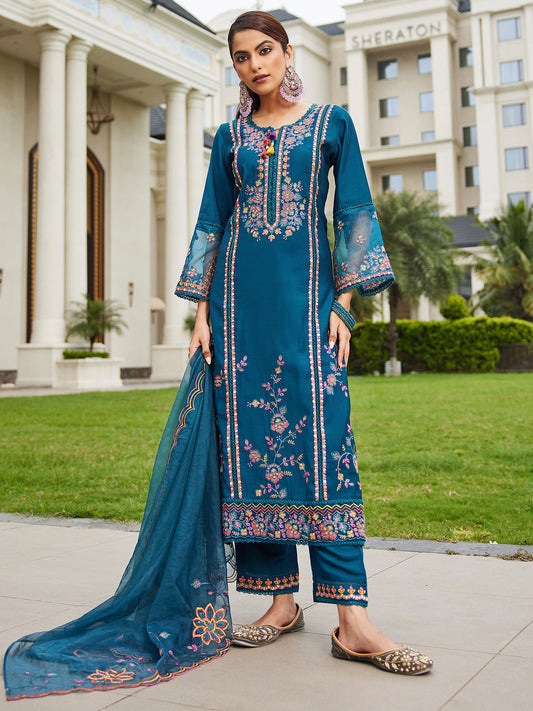 Indo Era Blue Embroidered Straight Kurta Trousers With Dupatta set
