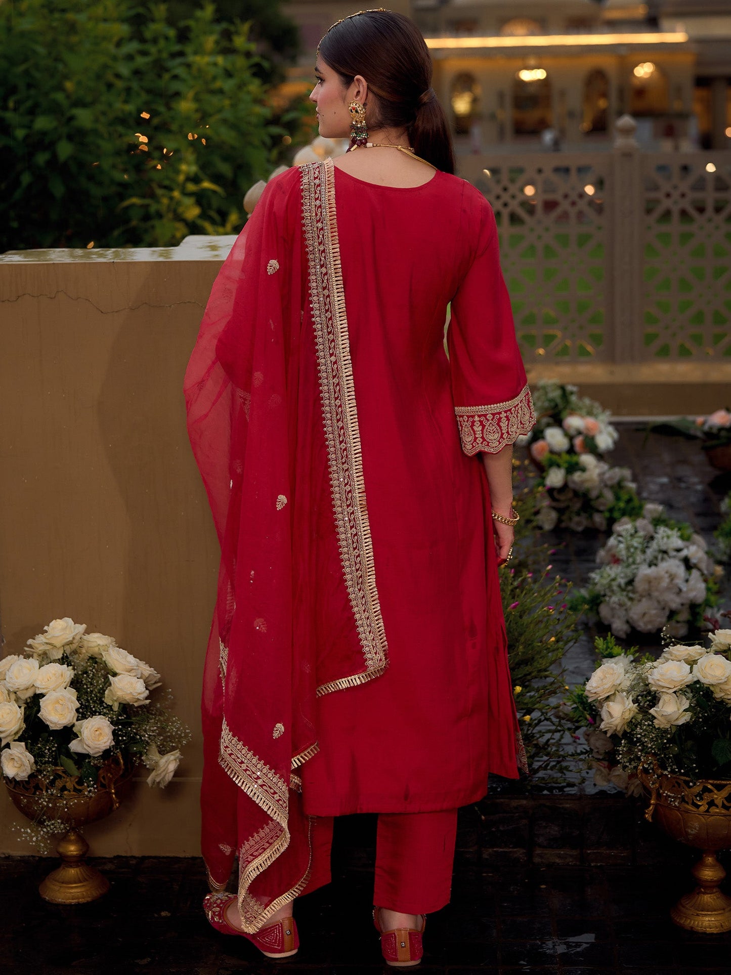 Indo Era Maroon Embroidered A-Line Kurta Trousers With Dupatta set