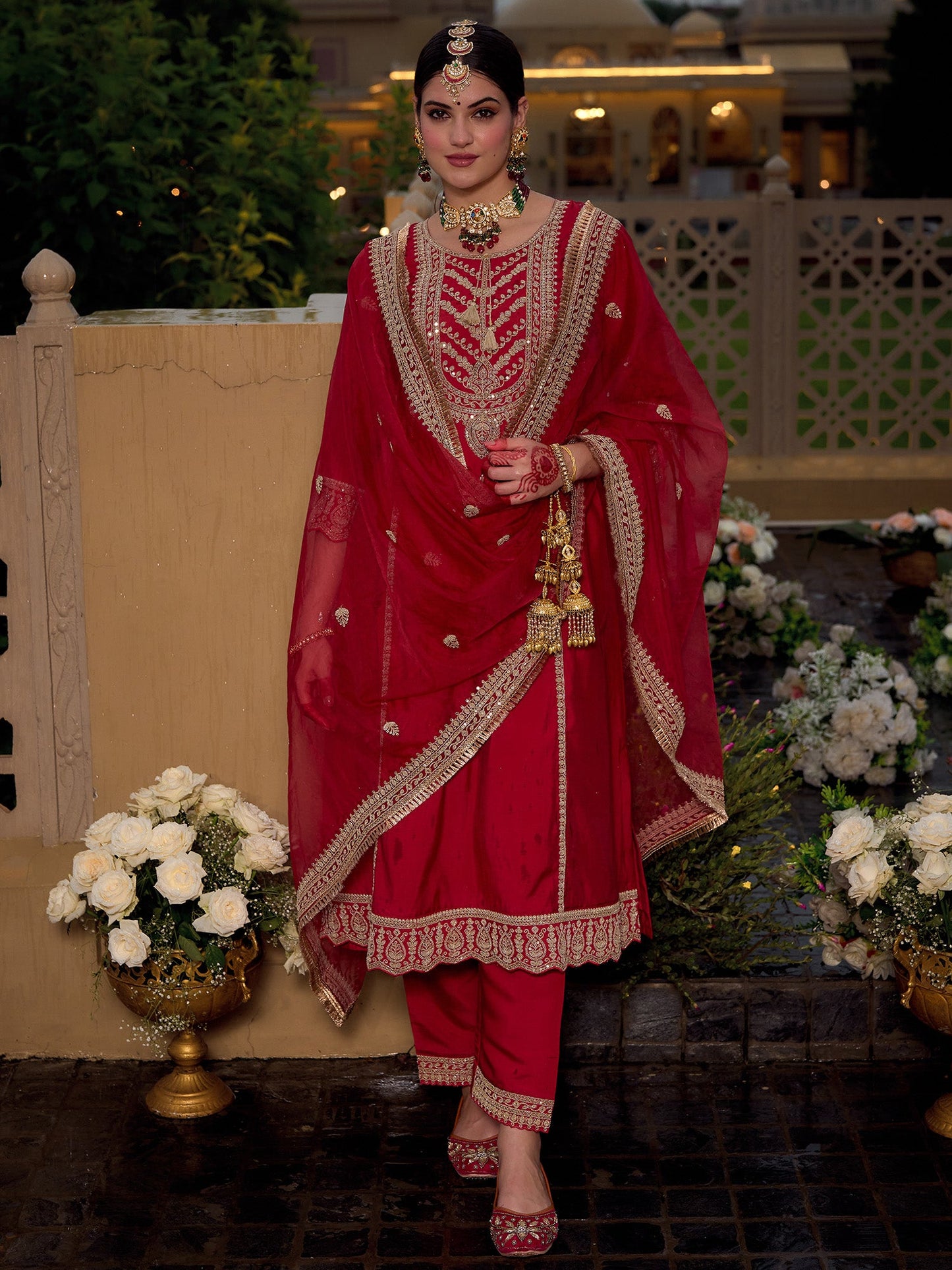 Indo Era Maroon Embroidered A-Line Kurta Trousers With Dupatta set