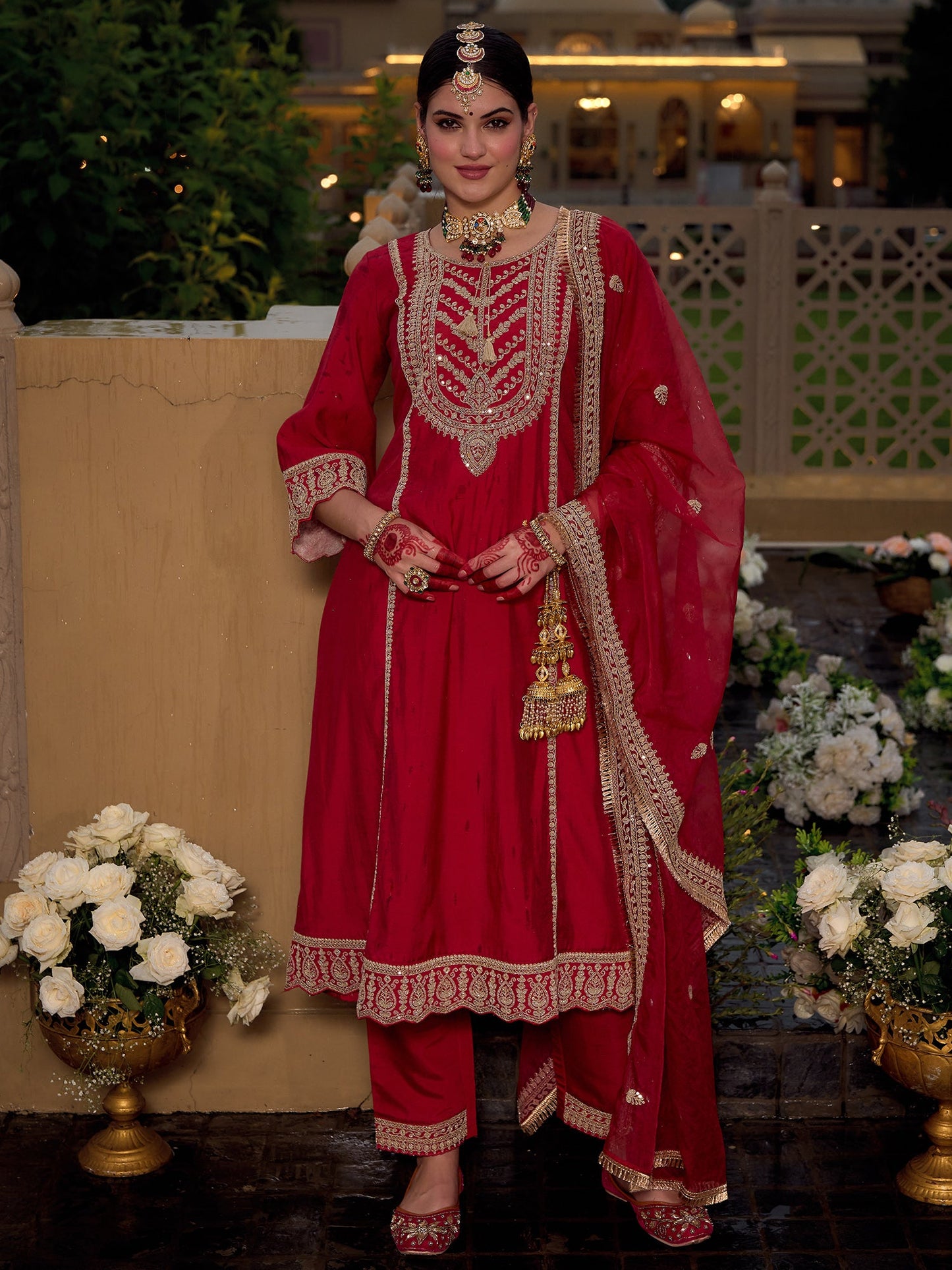 Indo Era Maroon Embroidered A-Line Kurta Trousers With Dupatta set