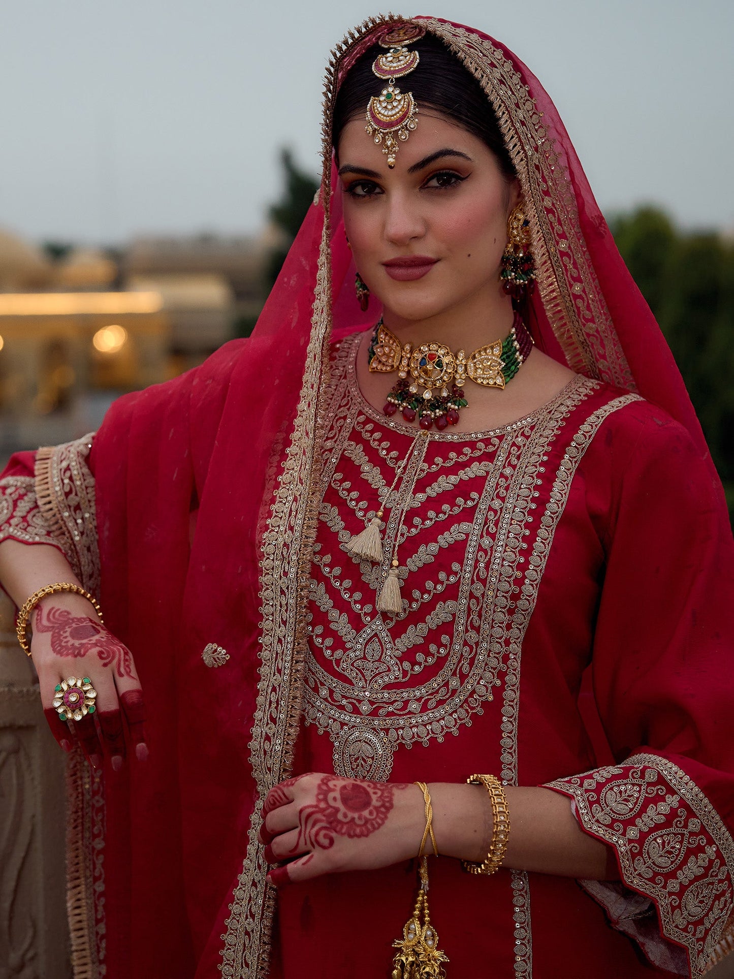 Indo Era Maroon Embroidered A-Line Kurta Trousers With Dupatta set