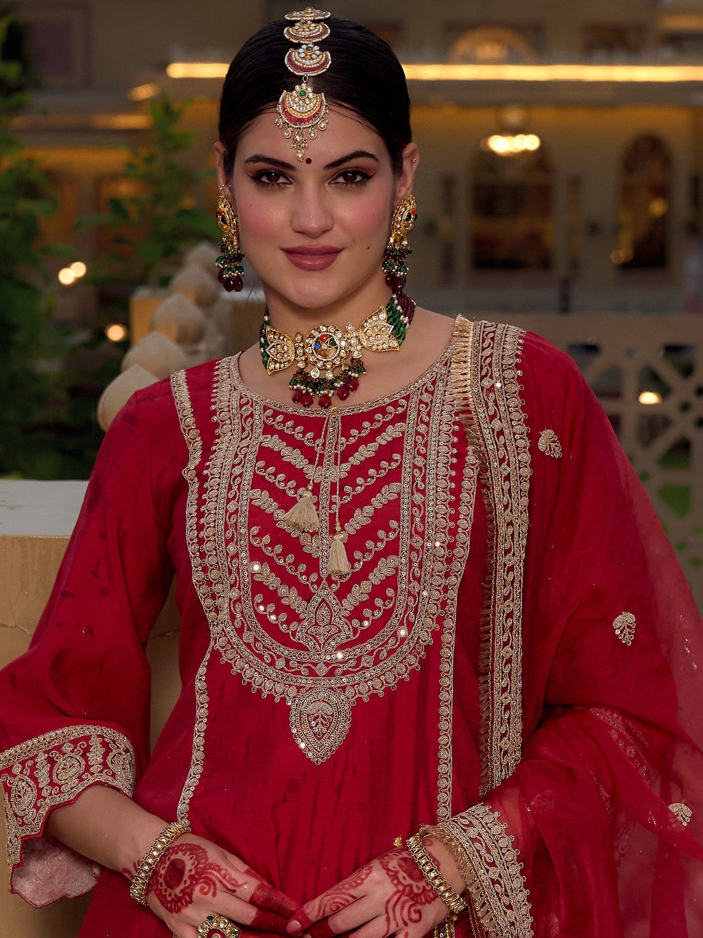 Indo Era Maroon Embroidered A-Line Kurta Trousers With Dupatta set