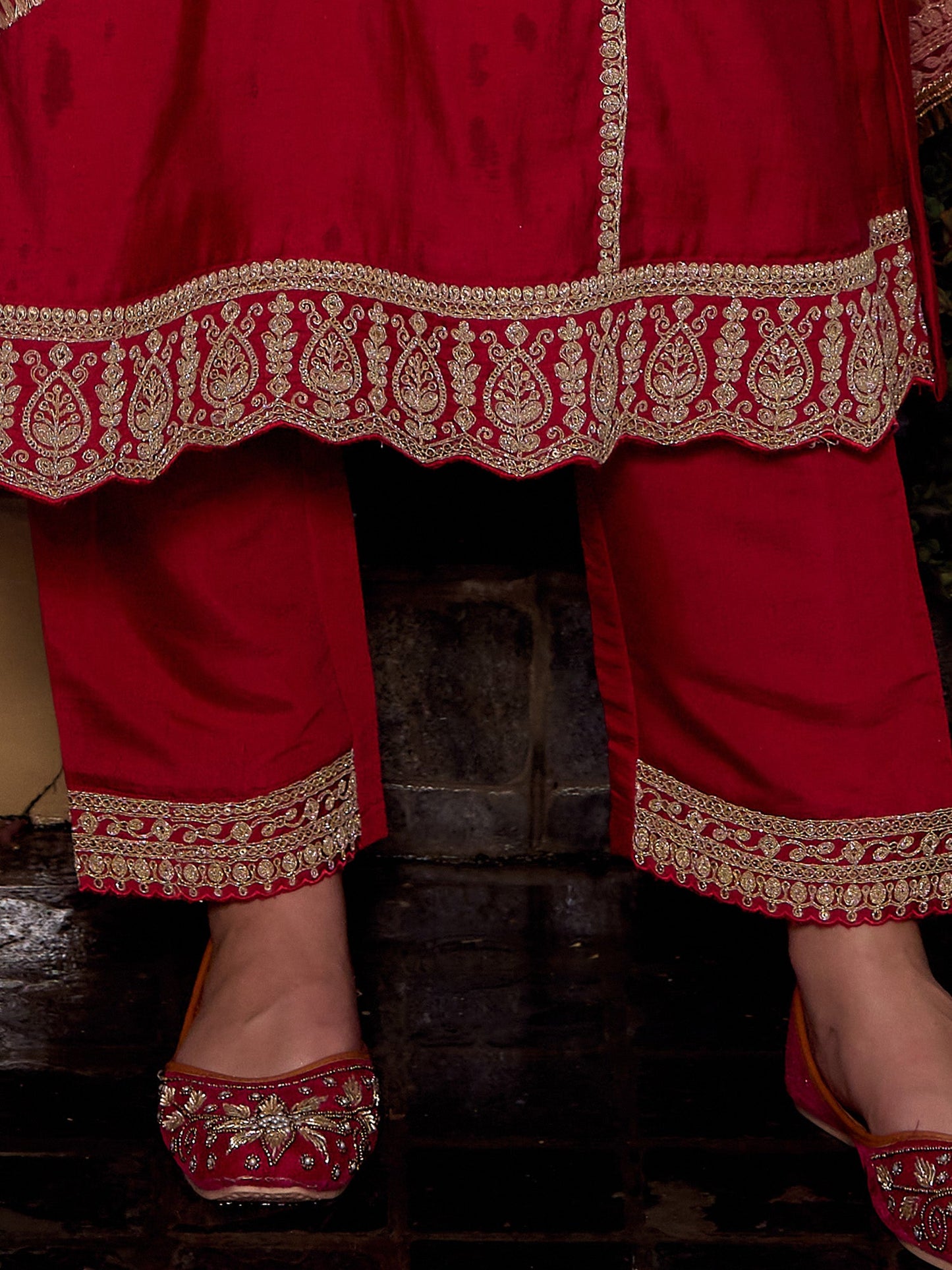 Indo Era Maroon Embroidered A-Line Kurta Trousers With Dupatta set
