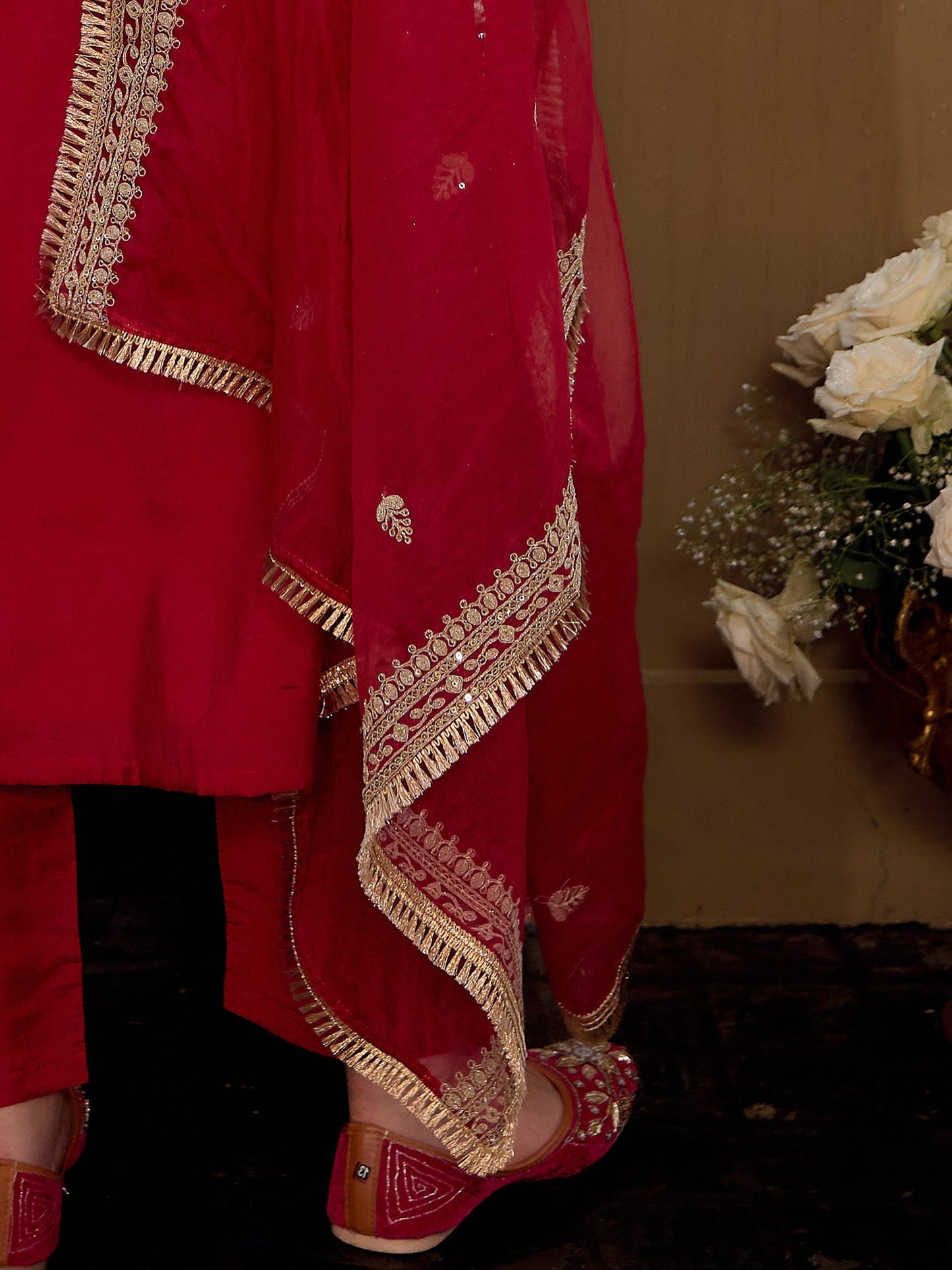 Indo Era Maroon Embroidered A-Line Kurta Trousers With Dupatta set