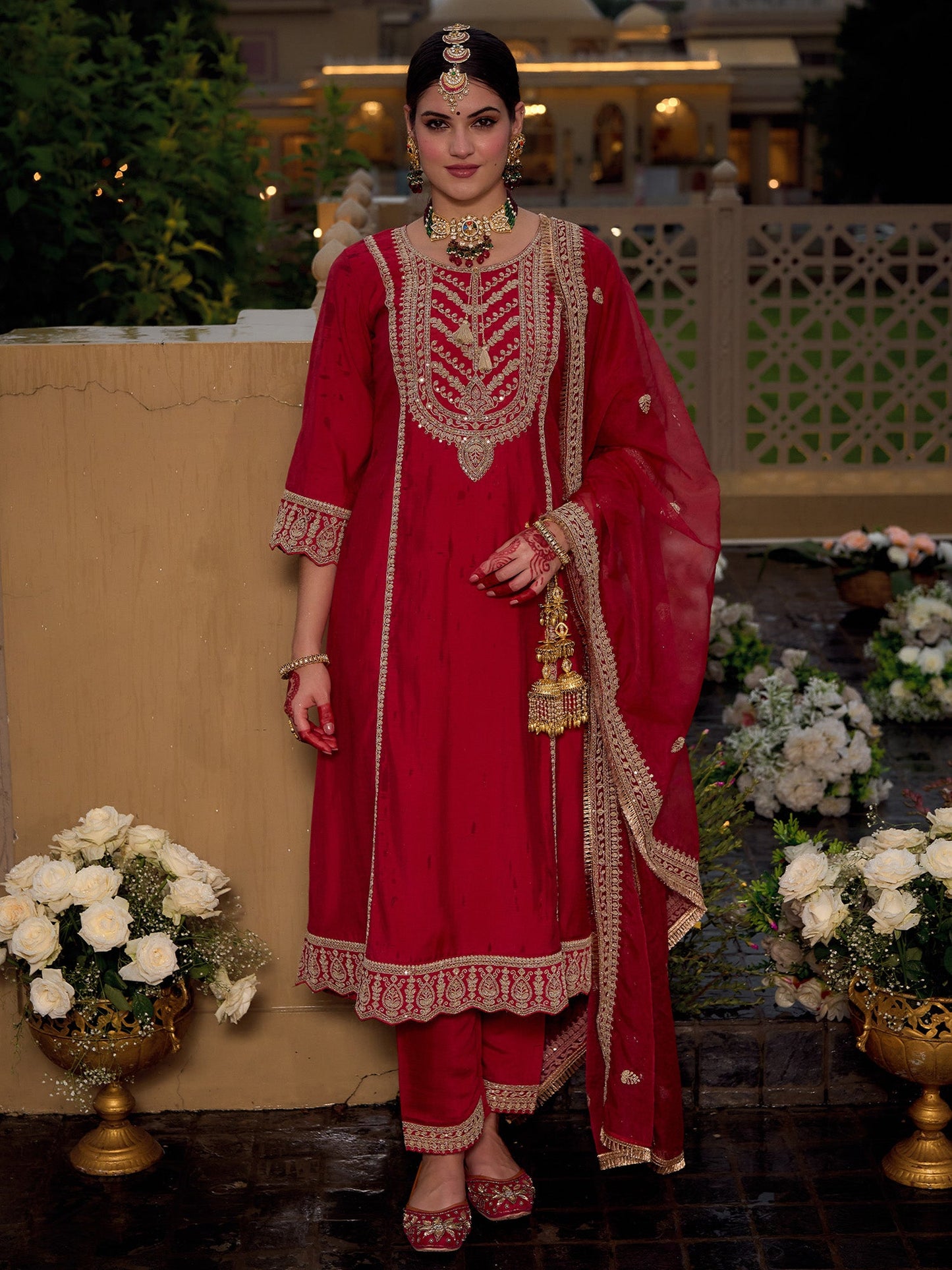 Indo Era Maroon Embroidered A-Line Kurta Trousers With Dupatta set