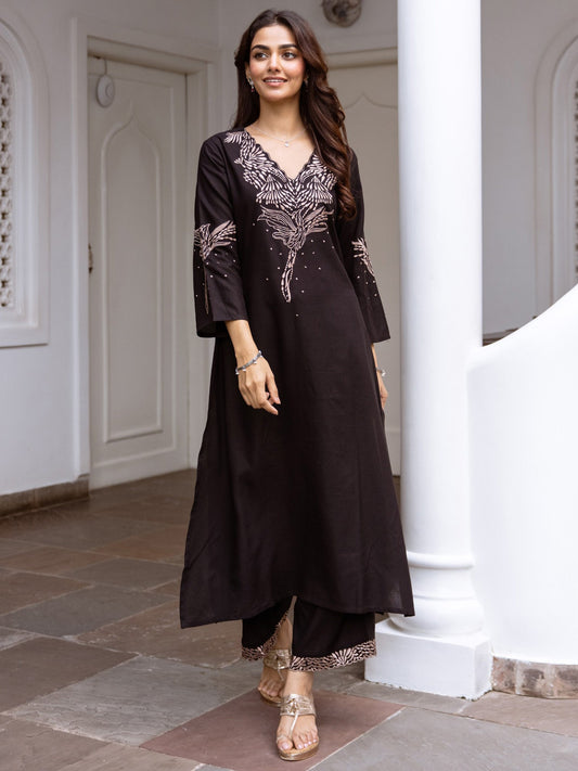Black Embroidered A-Line Kurta Trousers  Set