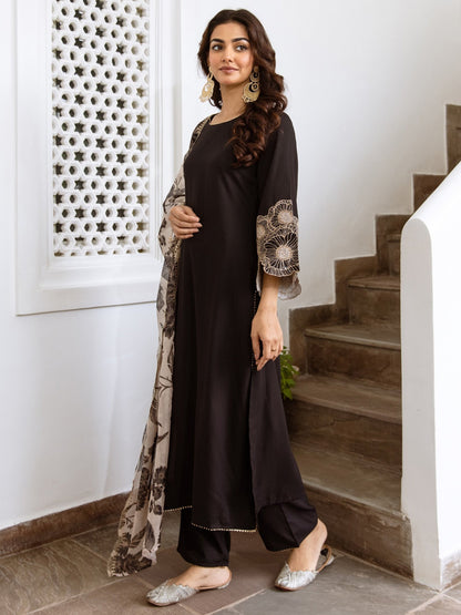Indo Era Black Solid Straight Kurta Trousers With Dupatta Set