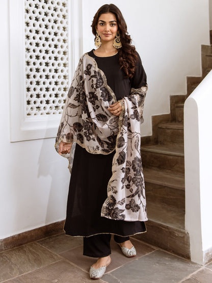 Indo Era Black Solid Straight Kurta Trousers With Dupatta Set