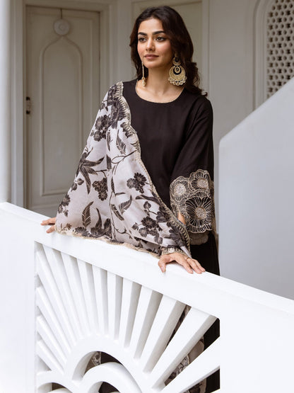 Indo Era Black Solid Straight Kurta Trousers With Dupatta Set