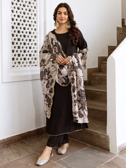 Indo Era Black Solid Straight Kurta Trousers With Dupatta Set