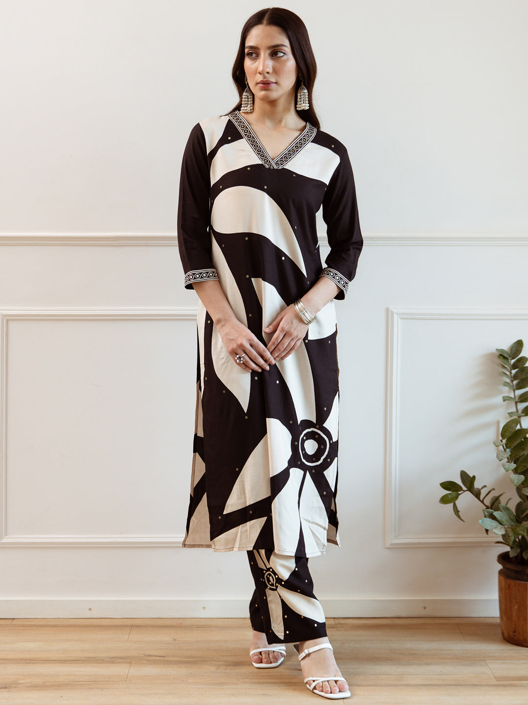 Indo Era Black Printed Straight Kurta Trousers set