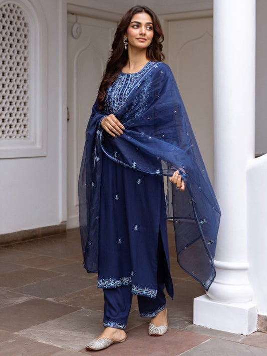 Indo Era Blue Embroidered Straight Kurta Trousers With Dupatta Set