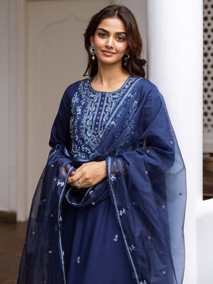 Indo Era Blue Embroidered Straight Kurta Trousers With Dupatta Set