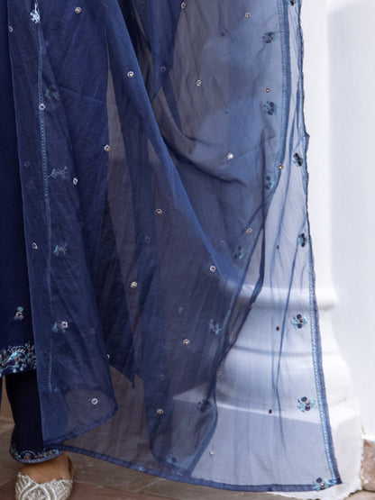 Indo Era Blue Embroidered Straight Kurta Trousers With Dupatta Set