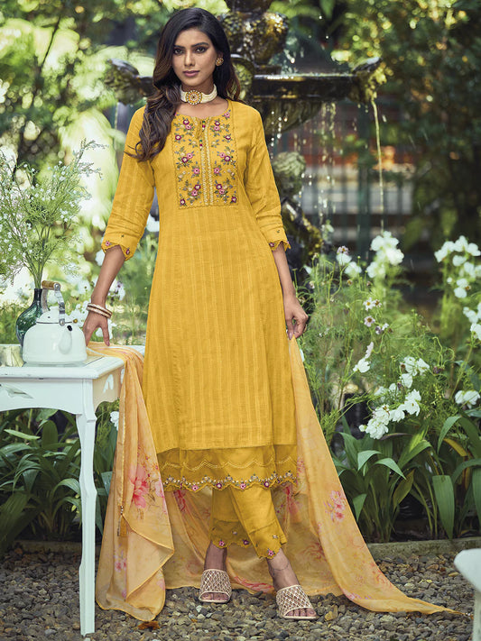 Yellow Yoke Design Thread Work Pure Cotton Kurta With Trousers & Dupatta