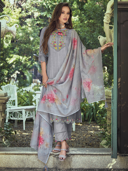 Indo Era Grey & Red Floral Embroidered Regular Pure Cotton Kurta With Trousers & Dupatta