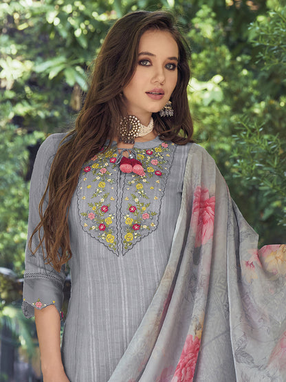 Indo Era Grey & Red Floral Embroidered Regular Pure Cotton Kurta With Trousers & Dupatta